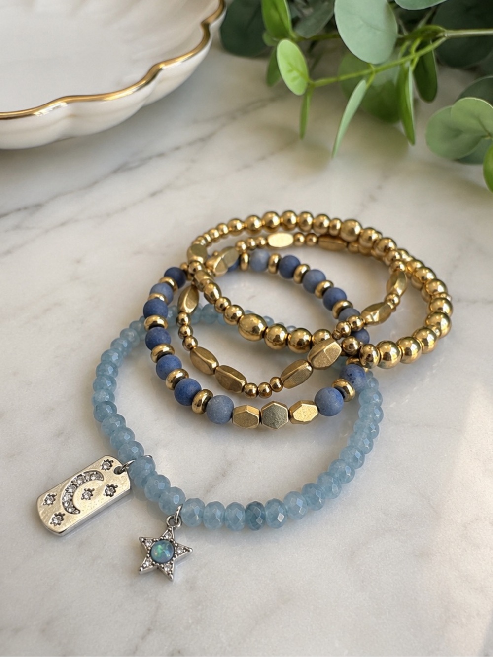 Blue & Gold Beaded Stretch Bracelet Set (BR1616/3)